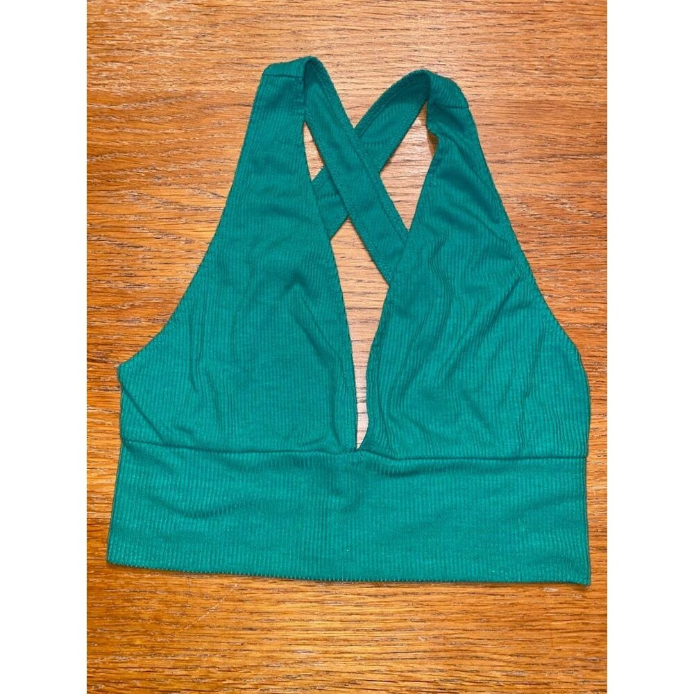 Ribbed Green Plunge Halter Bralette Top Cross Back